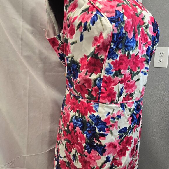 Talbots Floral Dress Size 14W Blue, Red, & White Lined Zip Sleeveless - Picture 2 of 9